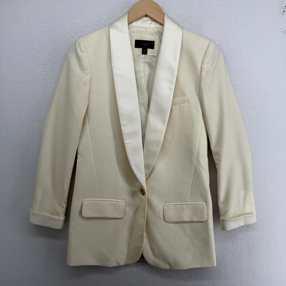 J.CREW Blazer Womens 00 Tuxedo Dinner Satin Shawl Collar Wool Blend Off White